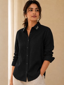 Chemise en lin/coton tissé pour homme, bleu clair, col boutonné, manches longues, chemisier décontracté pour tous les jours, printemps - Product Image 2