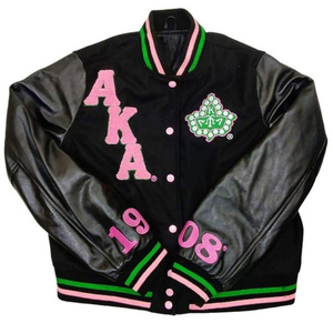 Chaqueta Universitaria Clásica Negra de Lana con Parches de Lona Rosa y Verde Chenille, Ropa Personalizada para Hermandades Griegas Divine Nine - Product Image 2