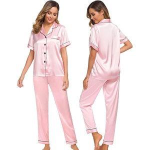 Ensemble pyjama en satin pour femmes, manches courtes, boutonné, col cranté, pantalon long, couleur rouge unie, vêtements de détente, 2 pièces - Product Image 6
