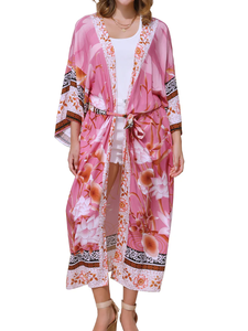 Kimono con Estampado Floral, Bata de Encaje Transpirable, Estilo Holgado, Maxi Pareo de Playa con Cinturón, Accesorio para Traje de Baño - Product Image 4