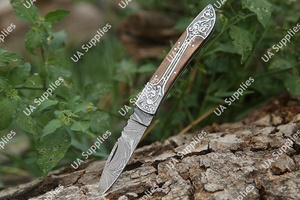 Couteau pliant en acier Damas gravé à la main, OEM/OBM, manche en bois et époxy, lame coulissante à pointe tombante et bord plat, pour camping et EDC – Vente chaude - Product Image 5