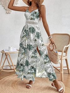 Robes maxi hawaïennes pour femmes, robes d'été florales bohèmes sans manches, col en V, robes de plage fluides pour les vacances, bretelles spaghetti - Product Image 3