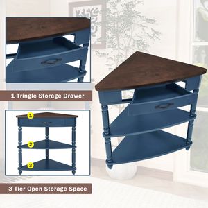 Tavolino Angolare Triangolare 33,8 Pollici a 3 Ripiani in Legno Massello per Spazi Ristretti e Soggiorno, Elegante Tavolino Laterale in Legno - Product Image 4
