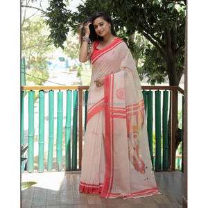 Linen Digital Print <b>Saree</b> Yellow and <b>Red</b> Party Wear - Product Image 4