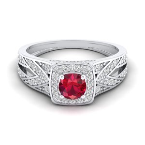 Bague Halo personnalisée REYES avec rubis rond de 0,5 carat en or massif 14 carats, Moissanite certifiée GRA, cadeau de mariage, bijoux - Product Image 1