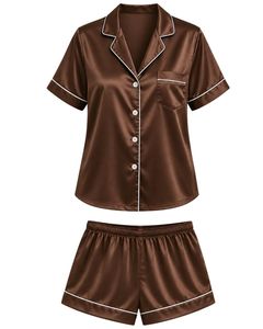 Conjunto de pijama de satén marrón chocolate personalizado para mujer, ropa de dormir de seda de lujo, traje de noche con botones, ropa de descanso suave de manga corta - Product Image 1