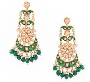Pendientes de Araña Estilo Kashmiri Indio al por Mayor, con Esmeraldas Verdes, Meenakari, Kundan y Perlas Colgantes para Mujer - Product Image 1
