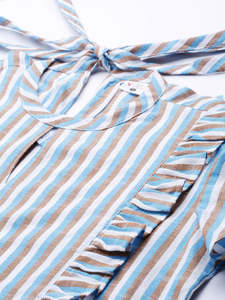 Haut pour femme en mélange de coton multicolore à rayures, coupe classique, avec manches évasées et col mandarin, conçu pour un style décontracté mondial - Product Image 5