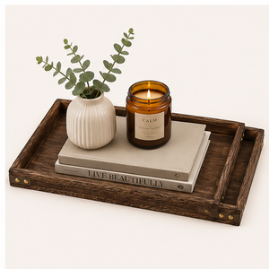 <b>Set</b> Of 3 Rustic Wooden Serving Trays With Brass Accents Nesting Rectangular Wood Platter For Coffee Table <b>Breakfast</b> In Bed - Product Image 6