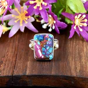 Kingman Pink Dahlia Turquoise Gemstone Ring 925 Sterling Silver Radiant Shape Handmade Gemstone Fine Jewelry <b>Gift</b> <b>for</b> <b>Her</b> - Product Image 5