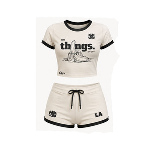 Conjunto de 2 piezas de algodón 100% para mujer: Top corto tipo Ringer y shorts, atuendo casual de verano con estampado de algodón estilo streetwear. - Product Image 4