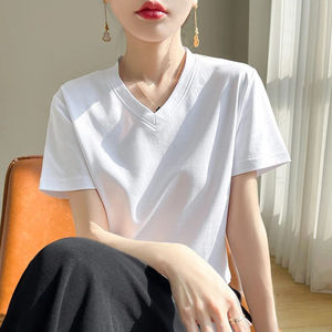 Camiseta de algodón de manga corta con cuello en V para mujer, de color liso, ajuste holgado, informal, top de verano, tejido transpirable - Product Image 3