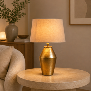Golden Vessel Metal Table Lamp with Sculpted Iron Base Premium Fabric <b>Shade</b> Warm Ambient <b>Lighting</b> for Elegant Interiors - Product Image 1