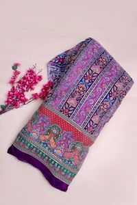 Tela con estampado de rayas florales moradas y borde ornamental para diseño de vestido Kurti, material para ropa étnica. - Product Image 2