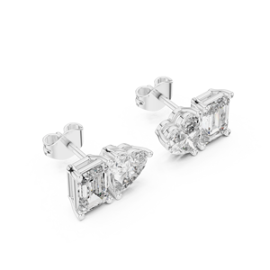 Heart & <b>Emerald</b> Cut Lab Grown Diamond <b>Stud</b> Earrings In 14k White Gold Romantic Minimalist Bridal & Everyday Diamond Jewelry - Product Image 1