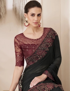 Sari de satén de seda adornado, sin arrugas, reversible, estilo Bollywood, para fiestas. - Product Image 1