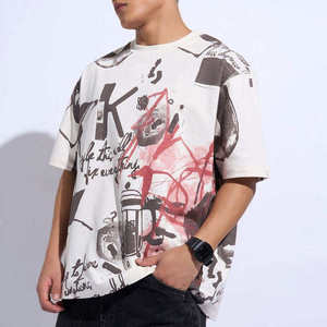 Casual Men Printed Oversized T Shirt Loose Fit Street Style Clothing Cotton Acid Washed Vintage Streetwear <b>Tee</b> for Men - Product Image 1