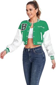 baby healthy Women's Crop Varsity <b>Jacket</b> Stitched Leather <b>Baseball</b> <b>Bomber</b> <b>Jacket</b> Y2K Streetwear Short Coat - Product Image 3