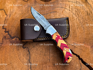 Cuchillo Plegable de Acero de Damasco con Mango de Madera de Lujo, Hecho a Mano, para Camping y Caza, con Funda de Cuero, de UA Supplies Industrial - Product Image 6