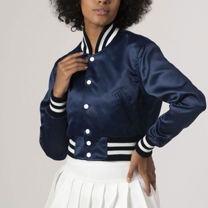 Chaqueta de satén transpirable personalizada para mujer con logotipo bordado en la parte delantera, azul y dorado, manga larga para mujer - Product Image 5
