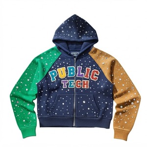 Sweat-shirt à capuche zippé unisexe Public Tech avec strass, manches raglan, blocs de couleur, imprimé numérique, 100% coton, coupe oversize, style streetwear, automne - Product Image 1