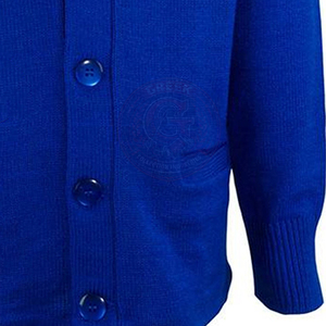 Pull en acrylique tricoté bleu roi pour femme SGR avec logo Sigma Gamma brodé jaune, col en V boutonné, manches longues, style universitaire - Product Image 4