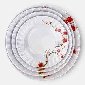 <b>Melamine</b> Round Rice Bowl and Soup Plate <b>Set</b> Pigmented Plum Blossom Pattern Asian Zen Party Dishes Non-Toxic Dishwasher Safe - Product Image 5