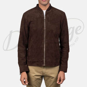 Chaqueta Bomber de Cuero de Gamuza Marrón Oscuro Premium para Hombre - Corte Ajustado, Piel de Cabra Genuina Suave, Ropa Exterior Casual Estilo Varsity - Product Image 3