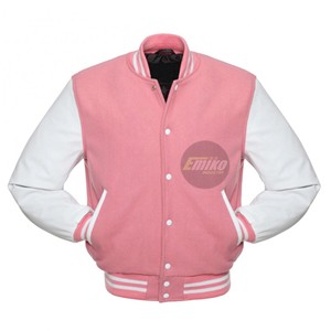 Chaqueta Varsity para Hombre de Emiko Industry, Color Rosa y Blanco, Cuerpo de Lana, Mangas de Cuero, Cierre de Botones, Estilo Letterman, Precio al por Mayor - Product Image 1