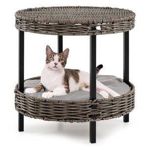 Cuccia per Gatti a 2 Livelli in Rattan, Finitura Grigia, 15"x15", Cuscino Imbottito Lavabile, Capacità 30 kg, Gambe in Metallo - Product Image 1
