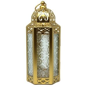 <b>Brass</b> <b>Lantern</b> With Intricate Cutouts And Golden Patterned Glass For Home Decoration - Product Image 4