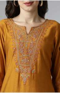Indian Women Wear Mustard Rayon Kurti With Embroidered Neckline Regular Fit Midi Length Traditional Indian <b>Pakistani</b> Casual Wea - Product Image 2