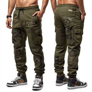 Pantalon cargo empilé pour homme de qualité supérieure, couleur olive, avec impression graphique intense et broderies, style utilitaire tendance - Product Image 3
