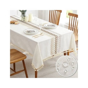 Mantel de algodón orgánico bordado 100% verde mar blanco con borlas lavable a máquina para decoración de fiesta cocina comedor - Product Image 3