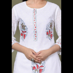 NIYANI Women's Ivory Grace Cotton Ankle-Length Kurta Set Dupatta Loose Fit <b>Three</b>-Piece Elegant Ethnic Casual Maxi Handcrafted - Product Image 2
