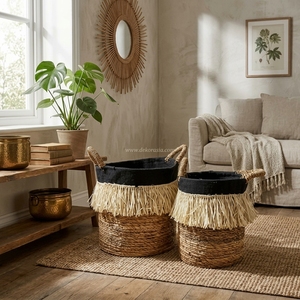 Lot de 2 paniers banane en osier naturel coloré, design circulaire moderne, écoresponsable, pour rangement domestique et aliments pour bébé - Product Image 6