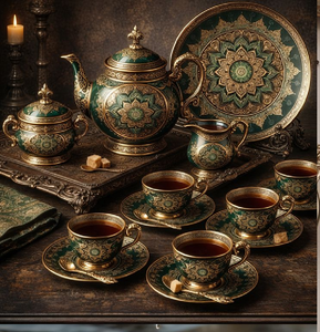 Juego de té vintage de latón con detallados relieves de elefantes en una bandeja redonda de metal. Disponible a precios de mayorista. - Product Image 4