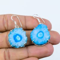 Anting-anting gantung batu permata kuarsa biru bulat buatan tangan grosir bentuk bunga