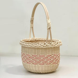 Accessoires pour bouquets de fleurs, panier rond en rotin avec longue poignée, paniers de rangement tressés - Product Image 1