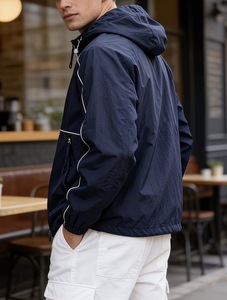 Men's Navy Hooded Windproof Waterproof Vintage Striped Jacket Casual Loose Fit Zipper Closure Canvas Material Winter Wear - Product Image 3