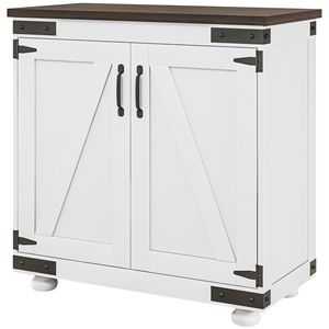 Distressed White Brown Oak <b>Kitchen</b> <b>Sideboard</b> Adjustable Shelf Buffet <b>Cabinet</b> with Barn Door for Villa Farmhouse Living Room - Product Image 1