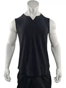 Men's <b>Black</b> O-Neck Solid Color Spandex Knitted Sleeveless <b>Tank</b> <b>Top</b> with Front Logo Casual Style - Product Image 1