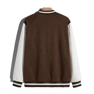 Custom Logo Embroidered Men's Varsity <b>Jacket</b> Brown <b>White</b> Sleeve Autumn Casual Button Front Solid Color Polyester Cotton - Product Image 2