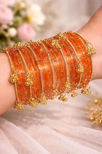 Premium Golden Plated Trendy Multi-Tone Glass Pearl Churiyan <b>Bangle</b> <b>Set</b> Ombre Finish Glitter Accents Custom Colors Traditional - Product Image 5