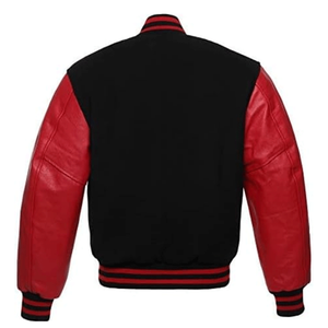เสื้อแจ็คเก็ตเบสบอลทรงบอมเบอร์สำหรับผู้ชาย สีดำ ทำจากผ้าขนสัตว์ พร้อมแขนหนังแท้สีแดง กันลม เป็นมิตรต่อสิ่งแวดล้อม - Product Image 2