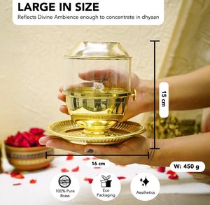 Lampe à huile en laiton pur Akhand Jyot Diya avec couvercle en verre et plateau intégré, longue durée de combustion, pour la maison, le bureau, la Puja, l'Aarti, le temple et la méditation - Product Image 2