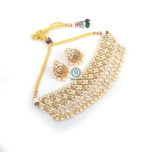 Ishanya Gold Plated <b>Pearl</b> Polki Designer Choker <b>Set</b> with Zircon Earrings for Bridal Festival - Product Image 3