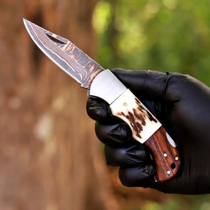 Couteau pliant à pointe droite en acier Damas cuivré, manche en corne de cerf, couteau utilitaire EDC de qualité industrielle AR OEM - Product Image 2