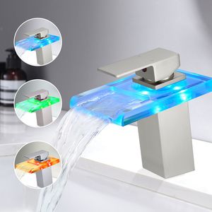Grifo de Lavabo Monomando con Luz LED, 3 Colores Cambiantes, Caño de Vidrio en Cascada, Mezclador de Agua Fría y Caliente para Baño y Ducha - Product Image 4