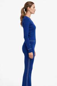 Women's Navy Blue Ribbed Knit V Neck <b>Long</b> Sleeve Top and Flare Pants Set with Contrast Trim - Product Image 2